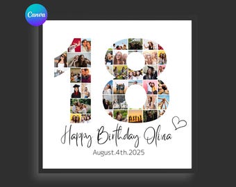 18th Birthday Photo Collage Template, Number 18 Collage, 18th Collage, Custom Gift for her, 18th Birthday, Number Collage, Canva Template