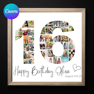 以下が含まれることがあります： 木製のフレームに入った写真コラージュ。コラージュは、さまざまな写真で埋められた数字「16」の形をしています。数字の下には、「Happy Birthday Oliva」というテキストとハートのシンボル、日付「August.4th.20」があります。