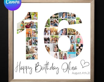 16th Birthday Photo Collage Template, Number 16 Collage, 16th Collage, Custom Gift for her, 16th Birthday, Number Collage, Canva Template