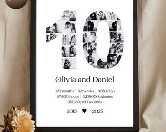 10th Wedding Anniversary Photo Collage TEMPLATE, 10 Years of Marriage Printable Gift, canva template
