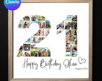 21st Birthday Photo Collage Template, Number 21 Collage, 21st Collage, Custom Gift for her, 21st Birthday, Number Collage, Canva Template