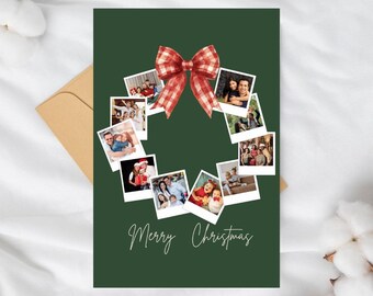 Christmas Photo Collage Card Template, Christmas wreath Photo Collage, Editable Picture Christmas Gift Instant Download, Canva template