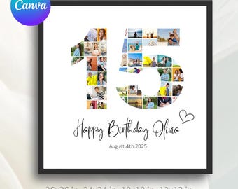 15th Birthday Photo Collage Template / Customizable Number 15 Design / Family Gift / Canva Digital Download