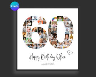 60th Birthday Photo Collage Template / Customizable Number 60 Design / Family Gift / Canva Digital Download
