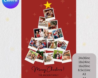 Christmas Photo Collage Card Template, Christmas Tree Photo Collage, Editable Picture Christmas Gift Instant Download, Canva template