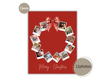 Christmas wreath Photo Collage card template, Editable Picture Christmas Gift Instant Download, Canva template, 12photos