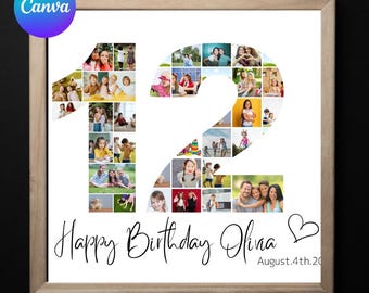 12th Birthday Photo Collage Template, Number 12 Collage, 12th Collage, 12th Birthday Gift, Number Collage, Editable 12th Birthday Poster