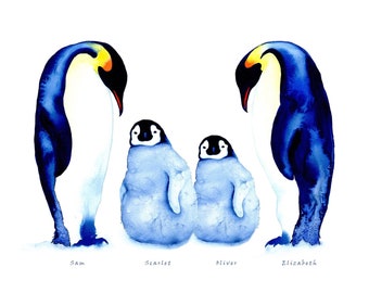 Custom family penguin art print - personalised with name and birth date - for babies, children and families
