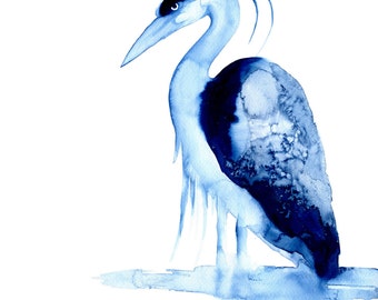 Grumpy Old Man Heron blue limited edition print  - bird art giclee watercolor