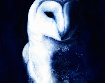 Night Vision Owl watercolour bird art blue - A4 archival giclee print