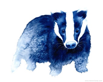Badger Innocence - deep blue - modern watercolour animal art - A4 archival giclee print