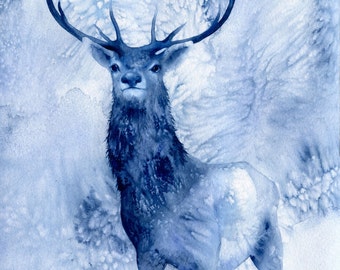 The Seeker - blue stag deer watercolour painting - A3 archival limited edition art print