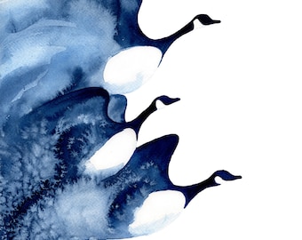 A3 Geese Flight winter blues -  Limited edition archival art print bird watercolour