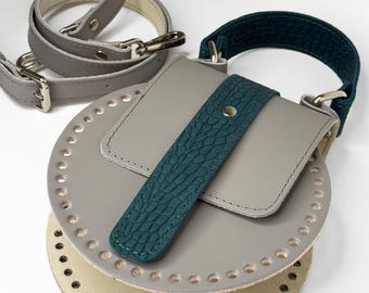 丸い底とフラップ付きのかぎ針編みバッグ用レザーキット、ハンドル付きDIYニットハンドバッグ材料、ハンドメイド財布セット、彼女へのオリジナルギフト