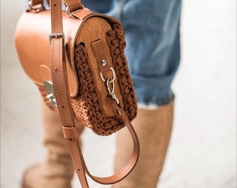 Kit para hacer bolsos de cuero a crochet con paneles laterales de madera, bolso DIY con correa y cierre, kit de manualidades para creadores, kit para hacer bolsos hechos a mano.