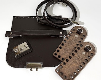 Kit para hacer bolsos de ganchillo de cuero, laterales de madera, suministros para hacer bolsos, proyecto de bolso de punto