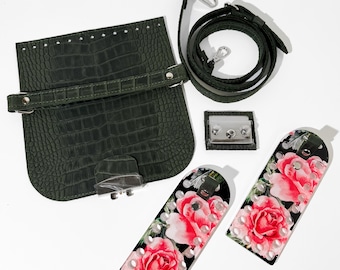 DIY Bag Kit With Acrylic Printed Sides And Leather Flap, Perfect Gift For Crafters, Silver Hardware, Full Set For Handmade Purse