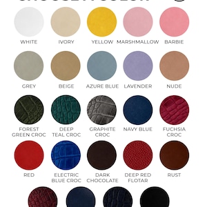 May include: A color palette chart titled PALETTE CHOOSE A COLOR featuring twenty-four circular swatches in various shades and textures including white, ivory, yellow, marshmallow, barbie, grey, beige, azure blue, lavender, nude, and croc patterns.
