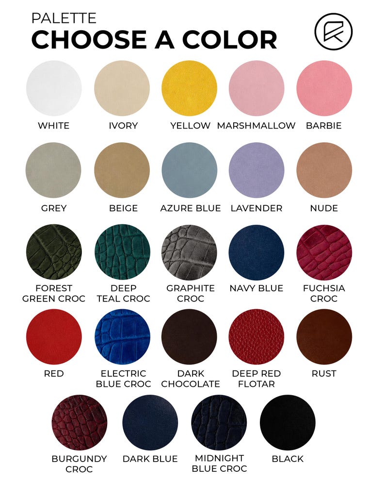May include: A color palette chart titled PALETTE CHOOSE A COLOR featuring twenty-four circular swatches in various shades and textures including white, ivory, yellow, marshmallow, barbie, grey, beige, azure blue, lavender, nude, and croc patterns.