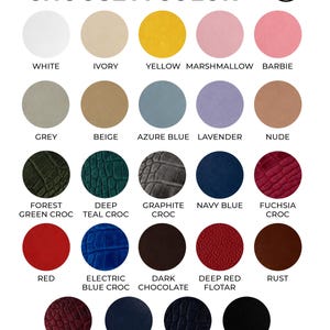 May include: A color palette chart titled PALETTE CHOOSE A COLOR featuring twenty-four circular swatches in various shades and textures including white, ivory, yellow, marshmallow, barbie, grey, beige, azure blue, lavender, nude, and croc patterns.