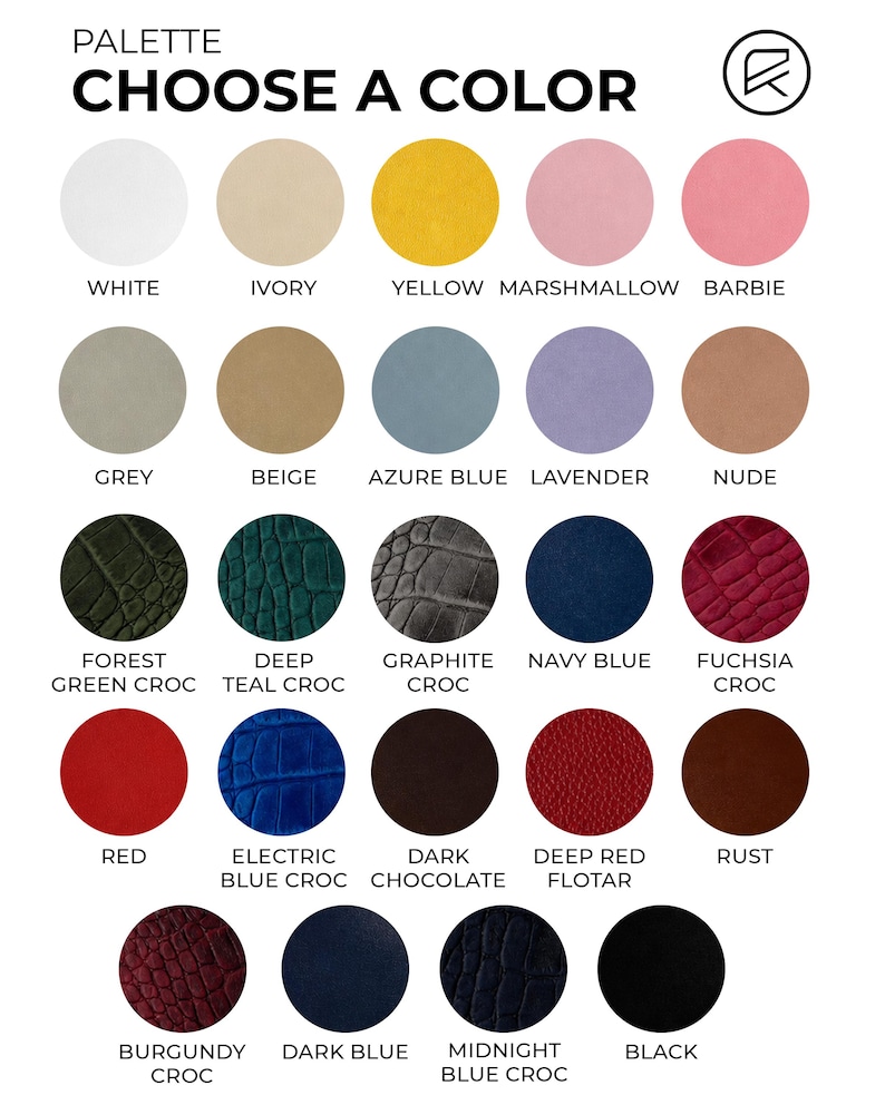 May include: A color palette chart titled PALETTE CHOOSE A COLOR featuring twenty-four circular swatches in various shades and textures including white, ivory, yellow, marshmallow, barbie, grey, beige, azure blue, lavender, nude, and croc patterns.