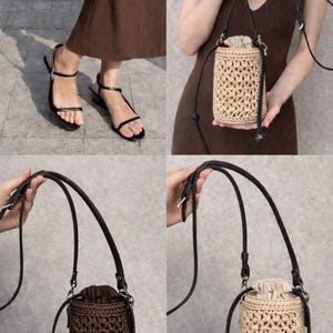 May include: A cylindrical bucket bag crafted from woven material, featuring a drawstring closure at the top and a thin, adjustable black leather shoulder strap. The bag is available in two colors: a dark brown and a light beige, both with matching fabric linings.