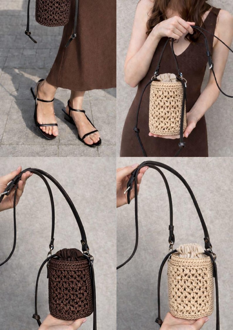 May include: A cylindrical bucket bag crafted from woven material, featuring a drawstring closure at the top and a thin, adjustable black leather shoulder strap. The bag is available in two colors: a dark brown and a light beige, both with matching fabric linings.