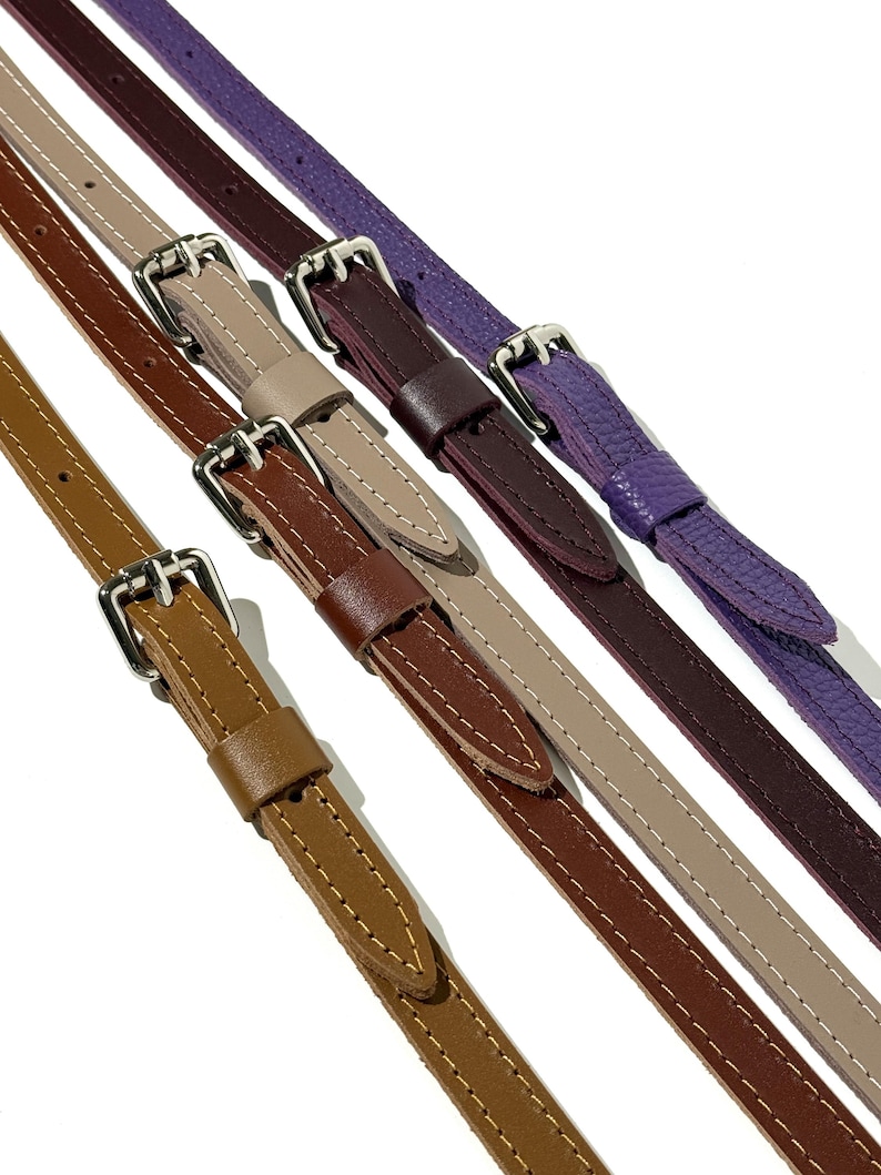replacement strap for handbag, slim leather crossbody strap, leather strap with buckle, leather strap with snap hooks, leather strap with carabiners, brown leather purse strap, beige leather bag strap, burgundy leather strap