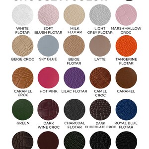 May include: A color palette chart titled PALETTE CHOOSE A COLOR featuring twenty-five circular swatches of various leather textures and colors including white, blush, beige, grey, orange, pink, purple, green, blue, brown, and black options.