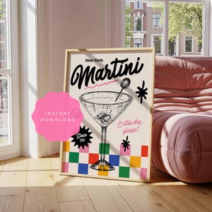 マティーニグラスプリント カラフルキッチンウォールアート レトロカクテルポスター 美的モダンキッチンバーカート チンチン チアーズ ハッピーアワー トレンディな装飾