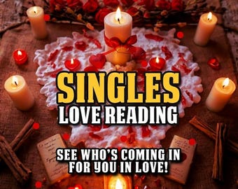 May include: A romantic scene with lit candles, red rose accents, and the text "SINGLES LOVE READING." The image includes heart-shaped candles and a decorative centerpiece, creating a warm and inviting atmosphere. The text "SEE WHO'S COMING IN FOR YOU IN LOVE!" is also visible.