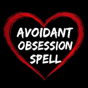 Puede incluir: Un diseño gráfico que presenta un gran contorno de corazón rojo dibujado a mano sobre un fondo negro sólido. Centrado dentro del corazón, el texto blanco dice AVOIDANT OBSESSION SPELL en una fuente sans-serif negrita y desgastada.