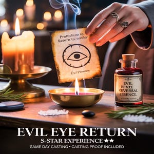 May include: A mystical scene featuring a lit candle, a small bowl with a lit candle, and a bottle labeled "Evil Revce Reversal Essence." A card with an eye symbol and text "Protuchune to Return to-sender" is held above the flame. The text "EVIL EYE RETURN" is at the bottom.