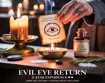 May include: A mystical scene featuring a lit candle, a small bowl with a lit candle, and a bottle labeled "Evil Revce Reversal Essence." A card with an eye symbol and text "Protuchune to Return to-sender" is held above the flame. The text "EVIL EYE RETURN" is at the bottom.