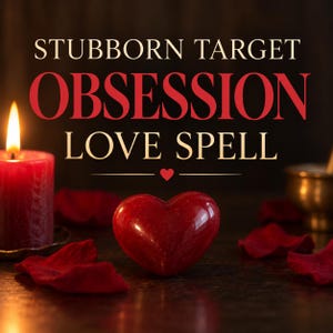 May include: A red candle with a lit flame, a smooth red heart-shaped stone, and scattered red rose petals. The text reads STUBBORN TARGET OBSESSION LOVE SPELL with a small heart icon. The composition is dark and moody with a warm glow from the candle.