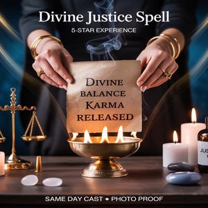 May include: An image featuring a golden balance scale, candles, and a small bowl with flames. A person holds a parchment with the words "Divine Balance Karma Released." A bottle labeled "Justice Oil" is also present. The text "Divine Justice Spell" is at the top.