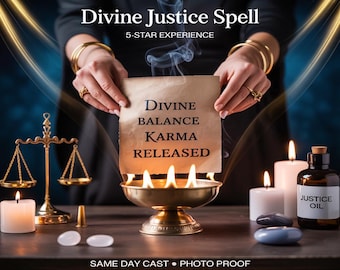 Könnte beinhalten: Ein Bild mit einer goldenen Waage, Kerzen und einer kleinen Schale mit Flammen. Eine Person hält ein Pergament mit den Worten "Divine Balance Karma Released". Eine Flasche mit der Aufschrift "Justice Oil" ist ebenfalls vorhanden. Der Text "Divine Justice Spell" steht oben.