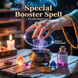 Puede incluir: Una escena mística con un caldero negro, cristales y una botella de "Energy Essence". El texto dice "Special Booster Spell" y "5-star Experience". También se ven dos velas encendidas y una mano con anillos.