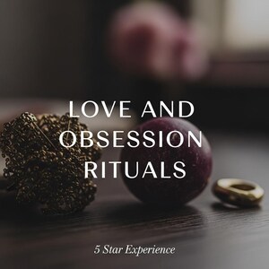 May include: The image displays the text "LOVE AND OBSESSION RITUALS". A gold ring, a dark purple sphere, and a cluster of gold-coloured metalwork are arranged on a dark, textured surface.