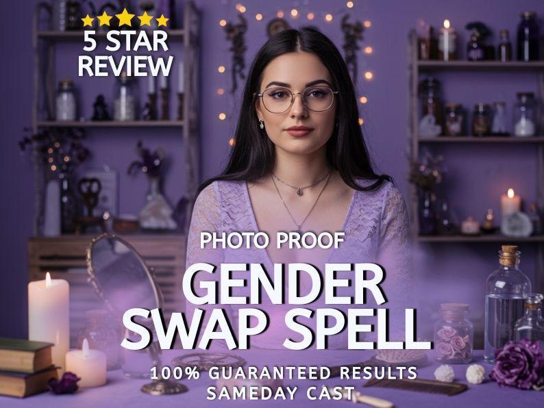 May include: A woman with glasses is centered in a purple-themed image. Text reads "Gender Swap Spell" with "Photo Proof" and "5 Star Review" above. The image includes candles, a mirror, and shelves with bottles.