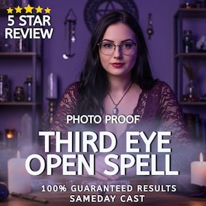 May include: An image with the text "5 STAR REVIEW" and "PHOTO PROOF THIRD EYE OPEN SPELL 100% GUARANTEED RESULTS SAMEDAY CAST". A woman with glasses and a necklace is in the center. The background includes shelves with jars and candles.