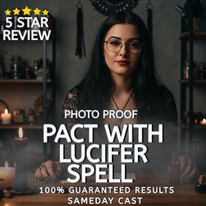 Puede incluir: Imagen de una mujer con cabello oscuro y gafas, centrada frente a una mesa. El texto dice "PHOTO PROOF PACT WITH LUCIFER SPELL 100% GUARANTEED RESULTS SAMEDAY CAST" y "5 STAR REVIEW". Velas y estantes con botellas en el fondo.