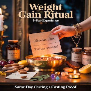 Peut inclure: Image d'un « Weight Gain Ritual » avec un bol doré, des bougies et des bocaux étiquetés « Nourishment Essence ». Une main tient une carte avec le texte « Abundant form, Fullness embraced ». Amandes et autres éléments sur une surface sombre. Le texte « Same Day Casting » est visible.