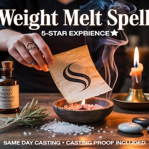 May include: An image featuring a candle flame, a small wooden bowl with pink crystals, and a bottle labeled "Body Bidoy Renewal Essence." The text "Weight Melt Spell" is at the top. A hand holds a paper with a black design.