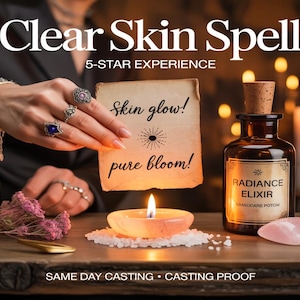 Könnte beinhalten: Eine Apothekerflasche mit der Aufschrift "Radiance Elixir" mit einem Korken steht neben einer brennenden Kerze und rosa Kristallen. Das Bild enthält den Text "Clear Skin Spell" und "Skin glow! pure bloom!"