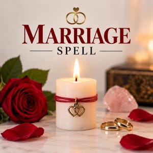 May include: A white pillar candle with a lit flame, wrapped in red twine featuring a gold-toned double heart charm. The text MARRIAGE SPELL appears above the candle, accompanied by a red rose, scattered red petals, and two gold rings.