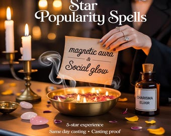 May include: An image advertising "Star Popularity Spells." It shows lit candles, a bowl with burning candles and petals, and a bottle labelled "Charisma Elixir." The text includes "magnetic aura & Social glow."