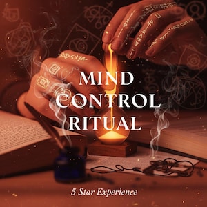 Könnte beinhalten: Ein Bild mit dem Text "MIND CONTROL RITUAL" und "5 Star Experience". Das Bild zeigt eine Sanduhr, offene Bücher, eine Feder und ein Tintenfass. Die Hände sind mit leuchtenden Symbolen beleuchtet, und Rauch wirbelt um die Szene.