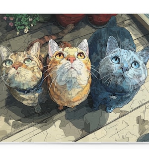 Artistic &quot;Three Cats Looking Up&quot; Jigsaw Puzzle | Japanese Anime & Manga Style Art | Unique Gift for Cat Lovers and Puzzle Enthusiasts