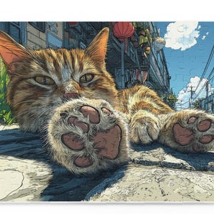 Anime Cat Jigsaw Puzzle, &quot;Cute Cat in Japan&quot; | Unique Japanese Art, Manga Style, Gift for Cat Lovers & Anime Fans, Cozy Activity